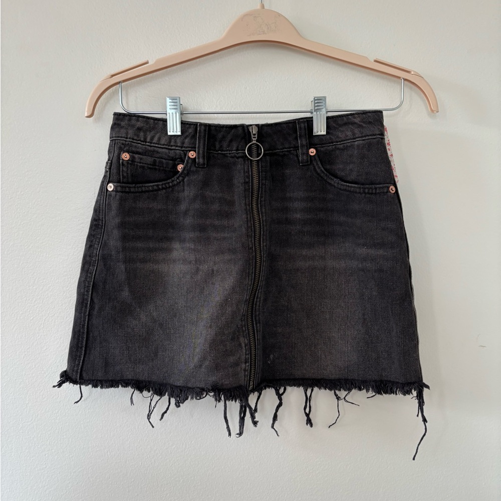 Free People Black Denim Frayed Hem Skirt